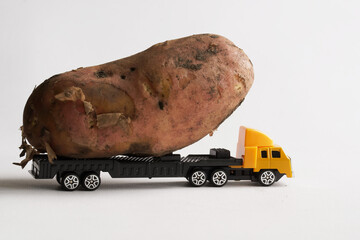 A toy truck is carrying a large potato. White background. The concept of delivery of oversized items and fresh vegetables from the new harvest - Powered by Adobe