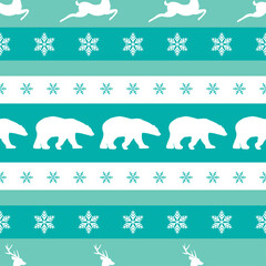 seamless winter pattern with white snowflakes, polar bears and deers with antlers.