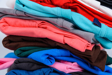 Close up Stack of Colorful cotton T-shirt