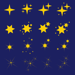Sparkle the star.  Glitter decoration. Set of yellow glitter icons, star.