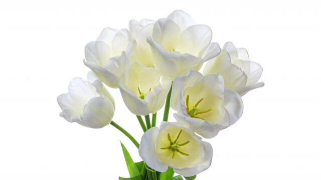 Beautiful bouquet of white tulips on white background, close-up. Holiday bouquet. Wedding backdrop, Valentines Day, Mothers Day, Womans Day, Easter concept.