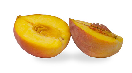 Two slices of peach isolated on a white background.Bright, fresh fruits on a white background.Use for labels, posters and web design.