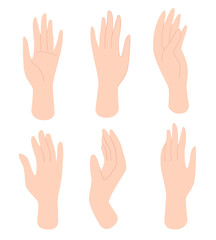 Set of female hands in different gestures. Human hands, palms. Vector illustration in flat style isolated on white background.
