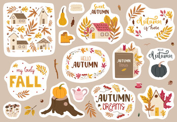 Set of autumn stickers with lettering and illustrations. Cute doodle style. Pretty autumn mood drawings. A4 proportions.
