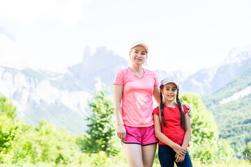 Traveling mother and daughter in the mountains of albania