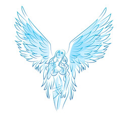 The female figure of an angel with wings. Contour drawing isolated on a white background.
