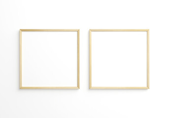 two square thin wooden frame on white wall. 3d rendering.
