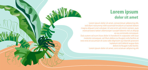 Horizontal flyer with tropical leaves and abstract background. Exotic jungle plants.