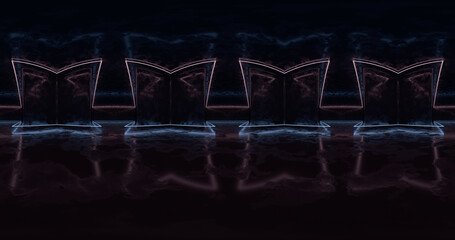 3d rendering. 360 degree spherical seamless vr panorama. Abstract empty dark interior with neon lighting, HDRI environment map of exhibition gallery with glossy walls.