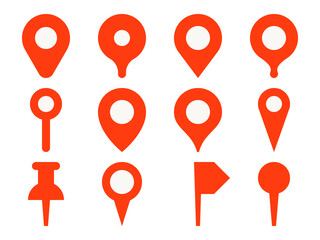 Flat pin icons. Position pointer, map flag and navigation mark. Red pins vector set