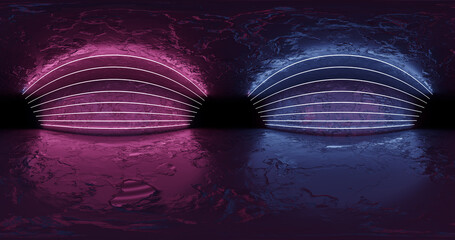 3d rendering. 360 degree spherical seamless vr panorama. Abstract empty dark interior with neon lighting, HDRI environment map of exhibition gallery with glossy walls.