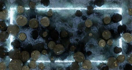 3d rendering. Neon frame in blue on a background of scattered stones.