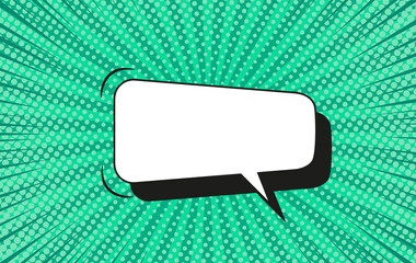 Pop art halftone background. Comic starburst pattern. Aquamarine banner with speech bubble, dots and beams. Vintage duotone texture. Gradient wow design. Cartoon superhero banner. Vector illustration.