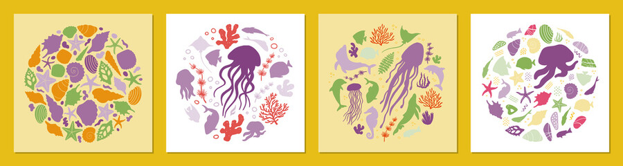 Set of posters with marine life. Abstract illustration of summer time concept. Underwater set of silhouettes. .Flat vector illustration. Card templates