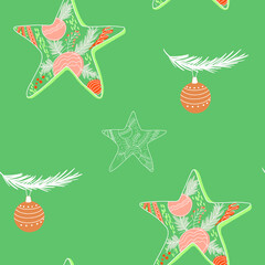 Seamless Christmas pattern with green background, doodles star, snowflakes, Christmas tree branch with ball.