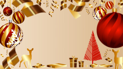 Merry Christmas and Happy New Year greeting card Illustration with Gold and red Christmas balls.