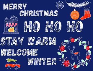 A set of Christmas inscriptions with items, a wreath, a deer, a fireplace with Christmas socks, a car with a Christmas tree, a Christmas ball.