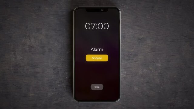 Smartphone on a desk showing alarm ringing 7:00 a.m. 4k