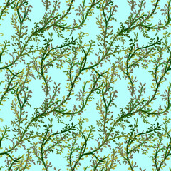 Green floral seamless pattern on blue background