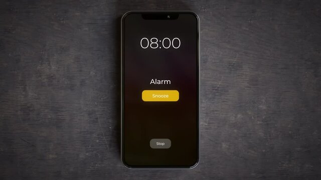 Smartphone on a desk showing alarm ringing 8:00 a.m. 4k