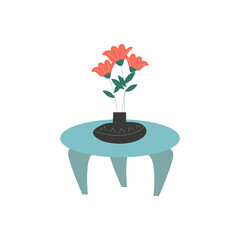 Coffee table in turquoise with a vase of flowers. Vector illustration