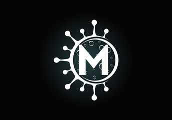 Initial M monogram alphabet with Coronavirus cells. Lab logo sign symbol design vector Illustration. Font emblem. Corona virus (Covid-19). Stop Coronavirus