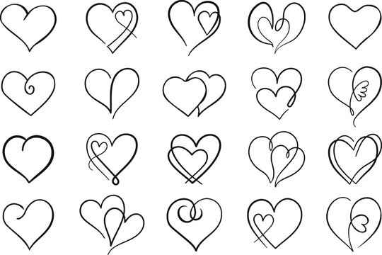 Outline vector heart set. Collection of black thin line heart icons. Abstract, stylized decorative hearts isolated on white background.