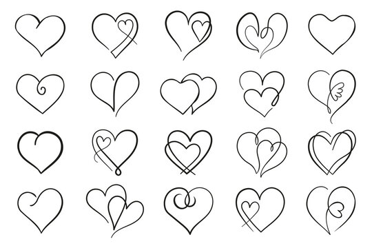 Outline heart set. Collection of black thin line heart icons. Abstract, stylized decorative hearts isolated on white background.