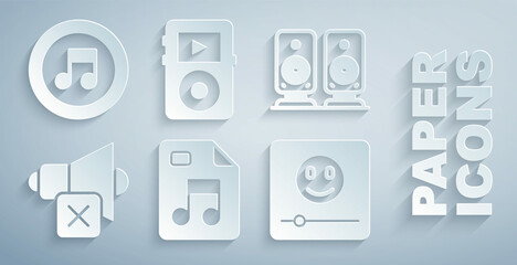Set MP3 file document, Stereo speaker, Speaker mute, Music player, and note, tone icon. Vector © Vadim