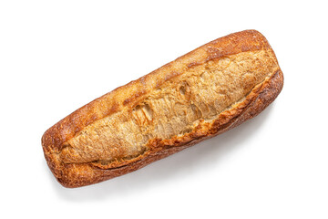 Fresh mini baguette with a crisp golden crust, on a white background