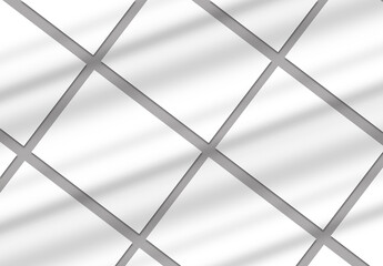 Diagonal rectangular poster mockups lying on neutral Grey Floor With Soft window Shadows. White empty Blanks in gray background . 3D illustration Diagonal View 