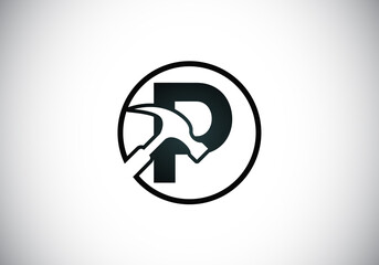 Initial P monogram letter alphabet with a Hammer. Repair, renovation, and construction logo. Modern vector logo for construction business, and company identity