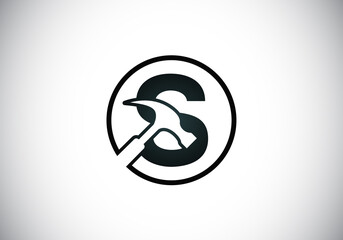 Initial S monogram letter alphabet with a Hammer. Repair, renovation, and construction logo. Modern vector logo for construction business, and company identity