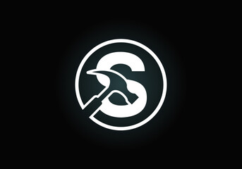 Initial S monogram letter alphabet with a Hammer. Repair, renovation, and construction logo. Modern vector logo for construction business, and company identity