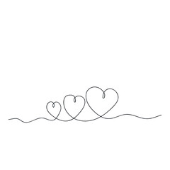 Three hearts drawn by one line. Human falling in love concept. Vector illustration.