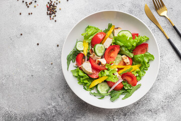 salad fresh vegetables lettuce leaves tomato, cucumber, onion, pepper outdoor meal snack on the table copy space food background rustic. top view keto or paleo diet veggie vegan or vegetarian food