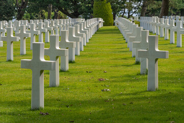 Colleville-Sur-Mer, France - 08 03 2021: Normandy American Cemetery and Memorial and the white...