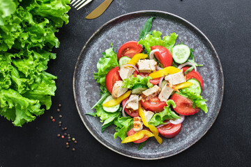 salad fresh vegetables lettuce leaves tomato, cucumber, onion, pepper outdoor meal snack on the table copy space food background rustic. top view keto or paleo diet veggie vegan or vegetarian food