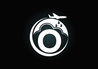 Initial O monogram alphabet with an airplane and cloud. Artificial rainmaking. Cloud seeding logo. Modern vector logo for the business, and company identity