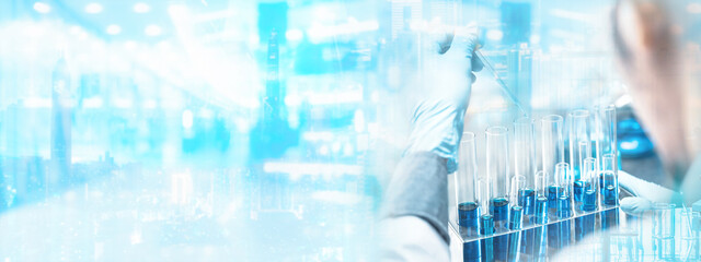 Panoramic web banner of health care researchers working in life science laboratory, medical science...