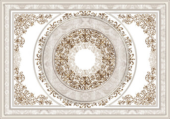 3-D ceiling painting in Classic style, the arch of the main hall, stucco white molding, white background, beige marble, gold ornaments. - obrazy, fototapety, plakaty
