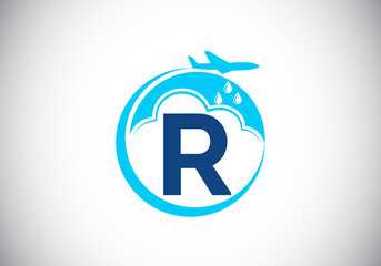 Initial R monogram alphabet with an airplane and cloud. Artificial rainmaking. Cloud seeding logo. Modern vector logo for the business, and company identity