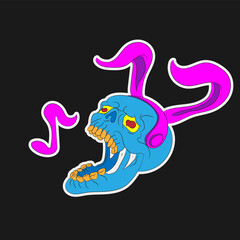 a skull wearing headphones with bunny ears and a note on a black isolated background. Vector image