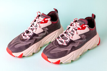 Women's, fashionable, sports sneakers, black with red accents on a blue background. New youth shoes for girls. Front view.