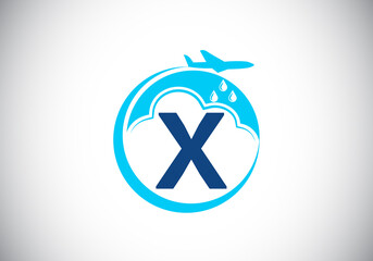 Initial X monogram alphabet with an airplane and cloud. Artificial rainmaking. Cloud seeding logo. Modern vector logo for the business, and company identity