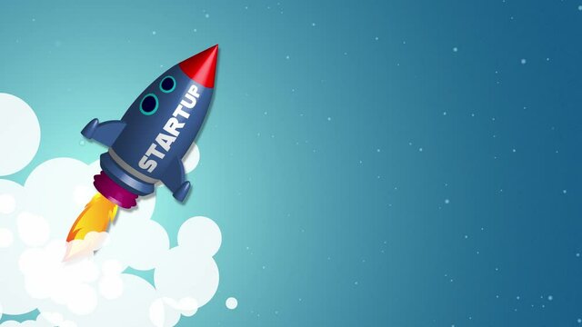 Ascending blue rocket or spaceship with the word START-UP on and burning fire flying to the moon or to another galaxy in the universe. Animated Video Loop.