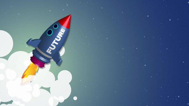 Ascending blue rocket or spaceship with the word FUTURE and burning fire flying to the moon or to another galaxy in the universe. Animated Video Loop.