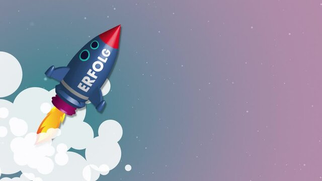 Ascending blue rocket or spaceship with the word SUCCESS on and burning fire on its way to the moon. Animated Video Loop.