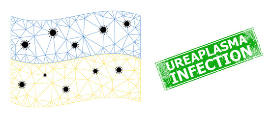 Mesh polygonal waving Ukraine flag with outbreak items and scratched Ureaplasma Infection rectangle stamp seal. Carcass model is designed on waving Ukraine flag with black infectious nodes.