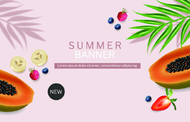 Papaya and berries Summer exotic banner vector realistic. Template banner design tropic backgrounds